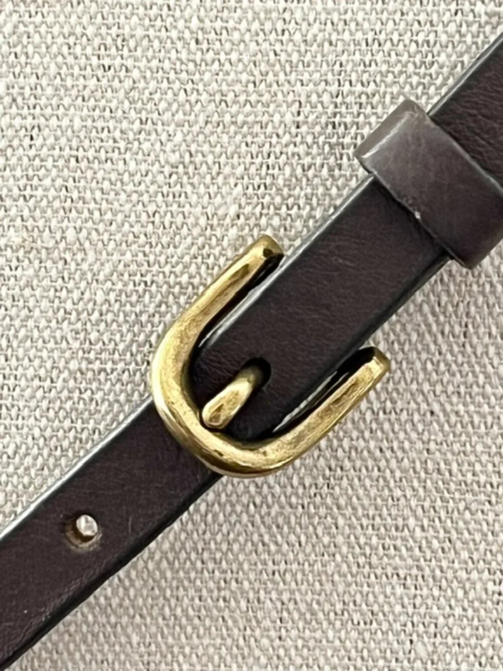 J. Crew Italian Leather Skinny Belt Brown Brass Tone Buckle Made in USA Small - Picture 2 of 7
